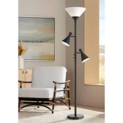 Possini Euro Design Ballard Modern 72" Tall Standing Floor Lamp Skinny Tree Torchiere With Side Lights Dimmable Black Metal Living Room Bedroom House