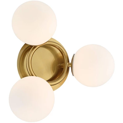 Possini Euro Design Modern Ceiling Light Flush Mount Fixture Brass 18" Wide 3-Light Frosted White Glass Globes Bedroom Living Room 7 Possini Euro Design Modern Ceiling Light Flush Mount Fixture Brass 18" Wide 3-Light Frosted White Glass Globes Bedroom Living Room - Image 5