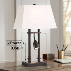 Possini Euro Design Bishop 26 1/2" Tall Modern Desk Lamp USB Port AC Power Outlet Brown Bronze Finish Metal Single Home Office Living Room Charging