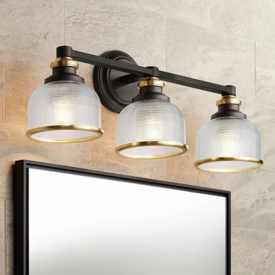 Possini Euro Design Poway Industrial Modern Wall Light Bronze Warm Brass Hardwire 24" 3-Light Fixture Textured Glass Bowl Shade For Bedroom Bathroom 3 Possini Euro Design Poway Industrial Modern Wall Light Bronze Warm Brass Hardwire 24" 3-Light Fixture Textured Glass Bowl Shade For Bedroom Bathroom
