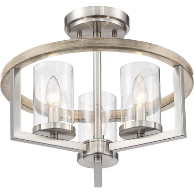Possini Euro Design Senna Modern Industrial Ceiling Light Semi Flush Mount Fixture 15" Wide Brushed Nickel Gray Wood 3-Light Clear Glass For Bedroom 6 Possini Euro Design Senna Modern Industrial Ceiling Light Semi Flush Mount Fixture 15" Wide Brushed Nickel Gray Wood 3-Light Clear Glass For Bedroom - Image 4