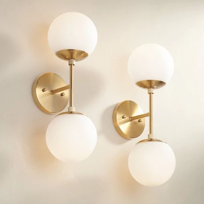 Possini Euro Design Oso Mid Century Wall Light Sconces Set Of 2 Soft Gold Hardwire 6" 2-Light Fixture Opal Glass For Bedroom Home 3 Possini Euro Design Oso Mid Century Wall Light Sconces Set Of 2 Soft Gold Hardwire 6" 2-Light Fixture Opal Glass For Bedroom Home
