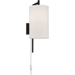Possini Euro Design Bixby Modern Wall Lamps Set Of 2 Black Metal Plug-in 8" Light Fixture White Fabric Drum Shade For Bedroom Reading Living Room Home -Possini Euro Design GUEST 0c631309 95a8 4611 af94 44564701e137