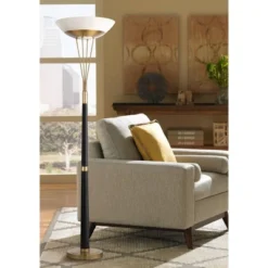 Possini Euro Design Ventura Modern Torchiere Floor Lamp 75" Tall Black Brass LED Frosted Glass Bowl Shade For Living Room Office House Bedroom Home