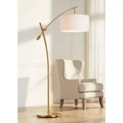 Possini Euro Design Raymond Modern Arc Floor Lamp 69" Tall Warm Gold Adjustable Boom Arm White Linen Drum Shade For Living Room Reading Office House
