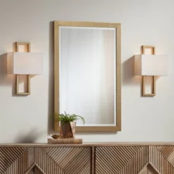 Possini Euro Design Modena Modern Wall Light Sconces Set Of 2 French Brass Hardwire 9 1/2" Fixture Off White Faux Silk Shade For Bedroom Bathroom Home