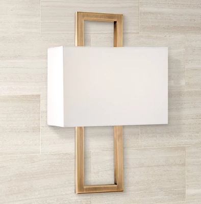 Possini Euro Design Modena Modern Wall Light Sconces Set Of 2 French Brass Hardwire 9 1/2" Fixture Off White Faux Silk Shade For Bedroom Bathroom Home 8 Possini Euro Design Modena Modern Wall Light Sconces Set Of 2 French Brass Hardwire 9 1/2" Fixture Off White Faux Silk Shade For Bedroom Bathroom Home - Image 6