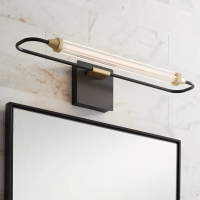 Possini Euro Design Nikola Industrial Wall Light Bar Matte Black Hardwire 23 1/2" LED Fixture Gold Accents For Bathroom Vanity 3 Possini Euro Design Nikola Industrial Wall Light Bar Matte Black Hardwire 23 1/2" LED Fixture Gold Accents For Bathroom Vanity