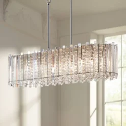 Possini Euro Design Mirabell Chrome Linear Island Pendant Chandelier 34" Wide Modern LED Clear Glass Crystal 6-Light Fixture For Dining Room Kitchen
