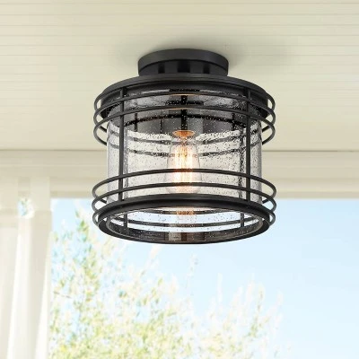 Possini Euro Design Modern Semi Flush Mount Outdoor Ceiling Light Fixture Black Geometric 11" Clear Seedy Glass For Exterior House Porch Patio Deck 3 Possini Euro Design Modern Semi Flush Mount Outdoor Ceiling Light Fixture Black Geometric 11" Clear Seedy Glass For Exterior House Porch Patio Deck