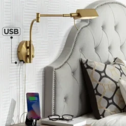 Possini Euro Design Keegan Modern Swing Arm Wall Lamp With Dual USB Ports Warm Gold Plug-In Light Fixture Adjustable For Bedroom