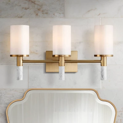 Possini Euro Design Lucius 21 3/4" High Modern 3 Light Bathroom Vanity Wall Lamp Light Fixture Mount Over The Sink Mirror Hardwired Soft Gold 3 Possini Euro Design Lucius 21 3/4" High Modern 3 Light Bathroom Vanity Wall Lamp Light Fixture Mount Over The Sink Mirror Hardwired Soft Gold