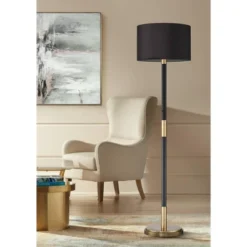 Possini Euro Design Cameron Mid Century Modern 72 1/4" Tall Floor Lamp Warm Gold Matte Black Light Blaster LED Drum Shade For Living Room