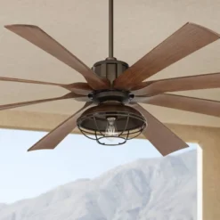 Possini Euro Design 51 70" Possini Euro Design Defender Industrial Indoor Outdoor Ceiling Fan With Dimmable LED Light Remote Oil Rubbed Bronze Koa Cage Damp Rated For Patio