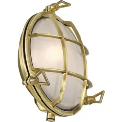 Possini Euro Design Anjali 10" High Industrial Outdoor Wall Light Fixture Mount Porch House Bulkhead Weatherproof Gold Brass Finish Glass Shade -Possini Euro Design GUEST 5902a23f 908a 48af 985d 62dc921efa3f 3