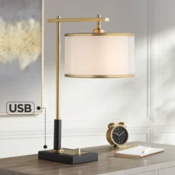 Possini Euro Design 15 Possini Euro Design Possini Euro Hayven Desk Lamp With Dual USB Ports In Warm Gold With Black