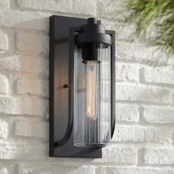 Possini Euro Design Bogata Modern Outdoor Wall Light Fixture Textured Black 15 1/2" Clear Ribbed Glass For Post Exterior Barn Deck House Porch Yard