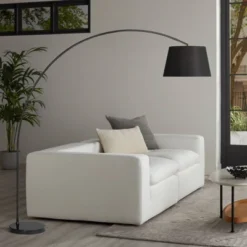 Possini Euro Design 9 Possini Euro Design Luka Modern 71" Tall Standing Floor Lamp Curved Arc Foot Switch Black Metal Living Room Bedroom House Reading Linen Drum Shade