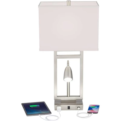 Possini Euro Design Modern Table Lamp With USB Outlet Reading Light LED 29.25" Tall Brushed Nickel Rectangular Off White Shade Bedroom Office 4 Possini Euro Design Modern Table Lamp With USB Outlet Reading Light LED 29.25" Tall Brushed Nickel Rectangular Off White Shade Bedroom Office - Image 2