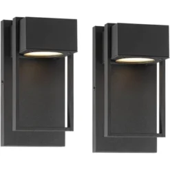 Possini Euro Design Pavel Modern Outdoor Wall Light Fixtures Set Of 2 Textured Black Metal LED Downlight 9 1/2" For Post Exterior Barn -Possini Euro Design GUEST 64c7cac4 1817 4f7d a077 33406deeffc1