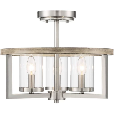 Possini Euro Design Senna Modern Industrial Ceiling Light Semi Flush Mount Fixture 15" Wide Brushed Nickel Gray Wood 3-Light Clear Glass For Bedroom 5 Possini Euro Design Senna Modern Industrial Ceiling Light Semi Flush Mount Fixture 15" Wide Brushed Nickel Gray Wood 3-Light Clear Glass For Bedroom - Image 3