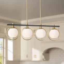 Possini Euro Design Carlyn Brass Black Linear Island Pendant Chandelier 33" Wide Modern White Glass Shade 4-Light LED Fixture For Dining Room Kitchen
