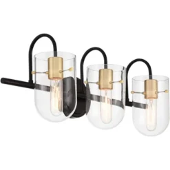 Possini Euro Design Solomon Modern Wall Light Black Hardwire 24" 3-Light Fixture Warm Brass Accents Clear Glass Shade For Bathroom -Possini Euro Design GUEST 6b1b1395 6fac 4dba b57a 045823ee14de