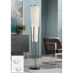 Possini Euro Design Flute Mid Century Modern 64" Tall Floor Lamp With Smart Socket Satin Black Nickel White Shade For Living Room House