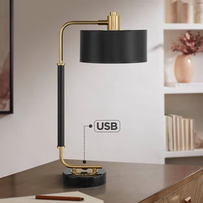 Possini Euro Design Myles Modern Mid Century Desk Lamp 24" High Black Gold With Dual USB Charging Ports Metal Drum Shade For Bedroom Living Room Home 3 Possini Euro Design Myles Modern Mid Century Desk Lamp 24" High Black Gold With Dual USB Charging Ports Metal Drum Shade For Bedroom Living Room Home