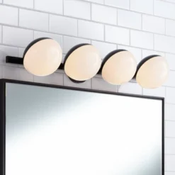 Possini Euro Design Celine Modern Wall Light Black Hardwire 30" 4-Light Fixture Opal White Glass Globe Shade For Bathroom Vanity