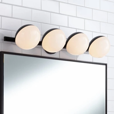 Possini Euro Design Celine Modern Wall Light Black Hardwire 30" 4-Light Fixture Opal White Glass Globe Shade For Bathroom Vanity 3 Possini Euro Design Celine Modern Wall Light Black Hardwire 30" 4-Light Fixture Opal White Glass Globe Shade For Bathroom Vanity