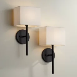 Possini Euro Design Favreau Modern Wall Light Sconces Set Of 2 Black Hardwire 8" Fixture Rectangular Linen Shade For Bedroom Reading Living Room House