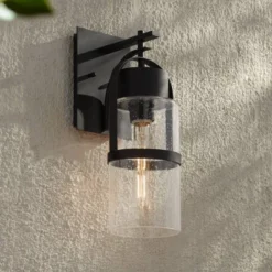 Possini Euro Design Caramela 16" High Modern Outdoor Wall Light Fixture Mount Porch House Exterior Outside Weatherproof Black Metal Clear Glass Shade