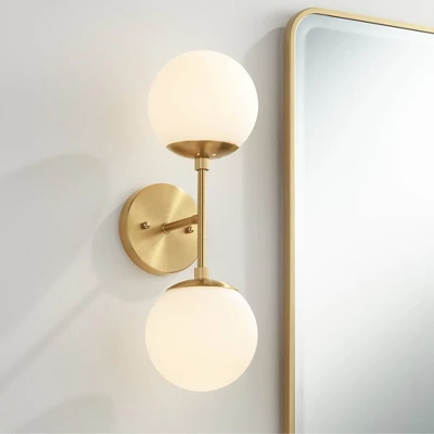 Possini Euro Design Oso Mid Century Wall Light Sconces Set Of 2 Soft Gold Hardwire 6" 2-Light Fixture Opal Glass For Bedroom Home 9 Possini Euro Design Oso Mid Century Wall Light Sconces Set Of 2 Soft Gold Hardwire 6" 2-Light Fixture Opal Glass For Bedroom Home - Image 7