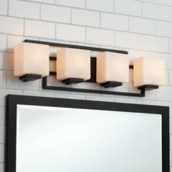 Possini Euro Design Modern Wall Light Black Hardwire 29" 4-Light Fixture White Rectangular Glass Shade For Bathroom Vanity Home