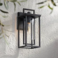 Possini Euro Design Raynor 13 1/2" High Modern Outdoor Wall Barn Light Fixture Mount Porch House Weatherproof Sand Black Aluminum Clear Glass Shade