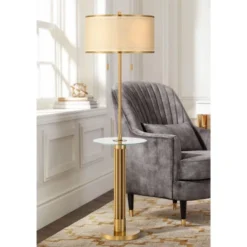 Possini Euro Design Granview Mid Century Modern 66" Tall Standing Floor Lamp With Glass Table USB Port Gold Metal Warm Brass Finish Living Room