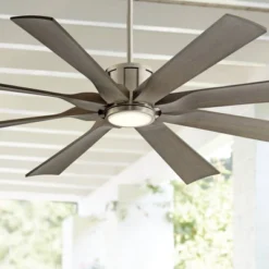 Possini Euro Design 47 60" Possini Euro Design Modern Indoor Outdoor Ceiling Fan With Light LED Dimmable Remote Brushed Nickel Light Wood Damp Rated Patio Porch