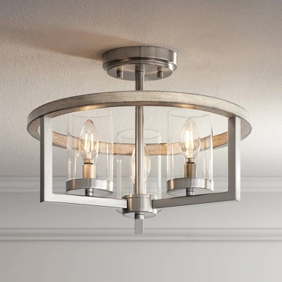 Possini Euro Design Senna Modern Industrial Ceiling Light Semi Flush Mount Fixture 15" Wide Brushed Nickel Gray Wood 3-Light Clear Glass For Bedroom 3 Possini Euro Design Senna Modern Industrial Ceiling Light Semi Flush Mount Fixture 15" Wide Brushed Nickel Gray Wood 3-Light Clear Glass For Bedroom