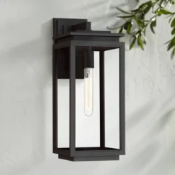 Possini Euro Design Modern Outdoor Wall Light Fixture Matte Black 18" Clear Glass For Post Exterior Barn Deck House Porch Yard