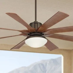 Possini Euro Design 43 60" Possini Euro Design Industrial Outdoor Ceiling Fan With LED Light Remote Control Bronze Koa Opal Glass Damp Rated Patio Gazebo