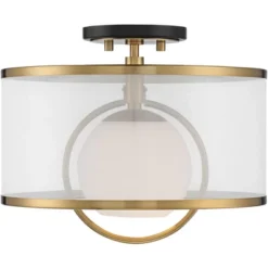 Possini Euro Design Carlyn Modern Art Deco Ceiling Light Semi Flush Mount Fixture 14" Wide Warm Brass Black Orb Organza Drum Shade For Bedroom Kitchen -Possini Euro Design GUEST b636f543 cf37 4ef9 b484 5f095e27f3ef
