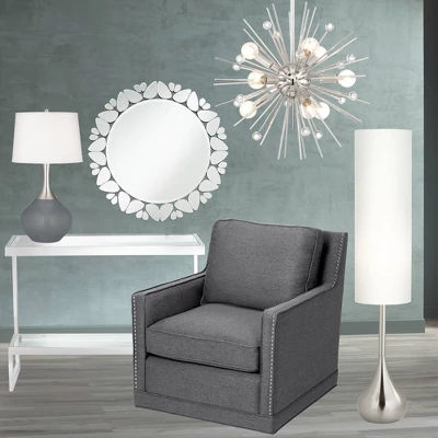 Possini Euro Design Mid Century Modern Floor Lamp 62" Tall Brushed Steel Droplet Cotton Cylinder Shade For Living Room Bedroom Office 8 Possini Euro Design Mid Century Modern Floor Lamp 62" Tall Brushed Steel Droplet Cotton Cylinder Shade For Living Room Bedroom Office - Image 6