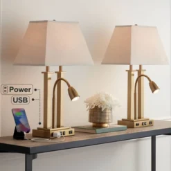 Possini Euro Design Possini Euro Deacon Brass Gooseneck Lamps With USB Port And Outlet Set Of 2