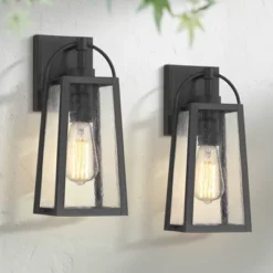 Possini Euro Design Woodley 13" High Modern Outdoor Wall Light Fixture Mount Porch House Set Of 2 Weatherproof Sand Black Aluminum Seeded Glass Shade