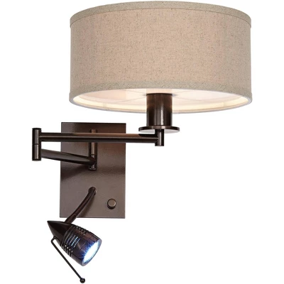 Possini Euro Design Radix Modern Swing Arm Wall Lamp Bronze With Cord Cover LED Reading Light Plug-in Light Fixture Oatmeal Shade For Bedroom Bedside 8 Possini Euro Design Radix Modern Swing Arm Wall Lamp Bronze With Cord Cover LED Reading Light Plug-in Light Fixture Oatmeal Shade For Bedroom Bedside - Image 6