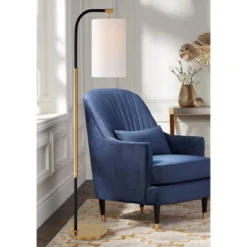 Possini Euro Design 11 Possini Euro Design Sausalito Mid Century Modern Downbridge Floor Lamp 67" Tall Warm Gold Black Metal Linen Cylinder Shade For Living Room Reading