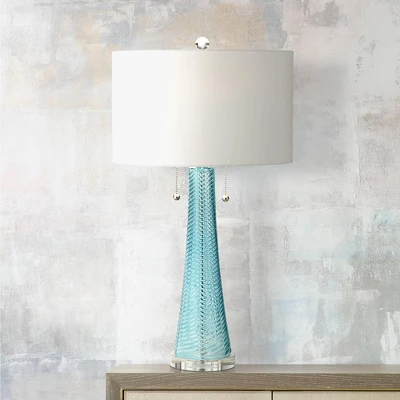 Possini Euro Design Modern Table Lamps 28.5" Tall Set Of 2 Light Sky Blue Fluted Glass White Drum Shade For Living Room Bedroom Office Family 9 Possini Euro Design Modern Table Lamps 28.5" Tall Set Of 2 Light Sky Blue Fluted Glass White Drum Shade For Living Room Bedroom Office Family - Image 7