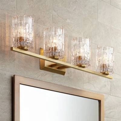 Possini Euro Design Icelight Modern Wall Light Warm Brass Hardwire 36" 4-Light Fixture Textured Ice Glass For Bedroom Bathroom Vanity Living Room 3 Possini Euro Design Icelight Modern Wall Light Warm Brass Hardwire 36" 4-Light Fixture Textured Ice Glass For Bedroom Bathroom Vanity Living Room