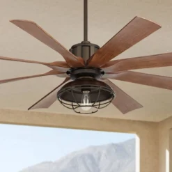 Possini Euro Design 41 60" Possini Euro Design Industrial Indoor Outdoor Ceiling Fan With Dimmable LED Light Remote Control Oil Rubbed Bronze Cage Koa Damp Rated For Patio